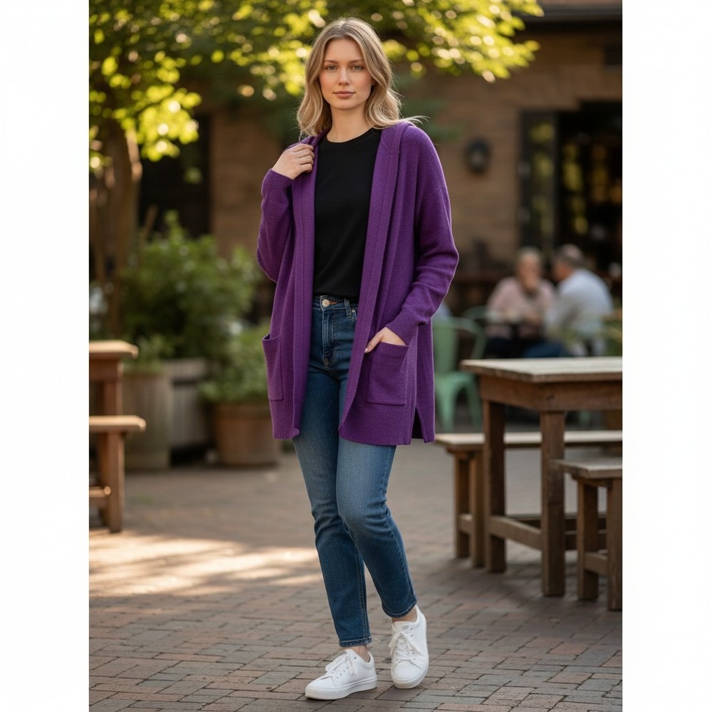 Eileen Fisher XL Purple Ribbed Open Front Cardigan Sweater Pockets Quiet Luxury